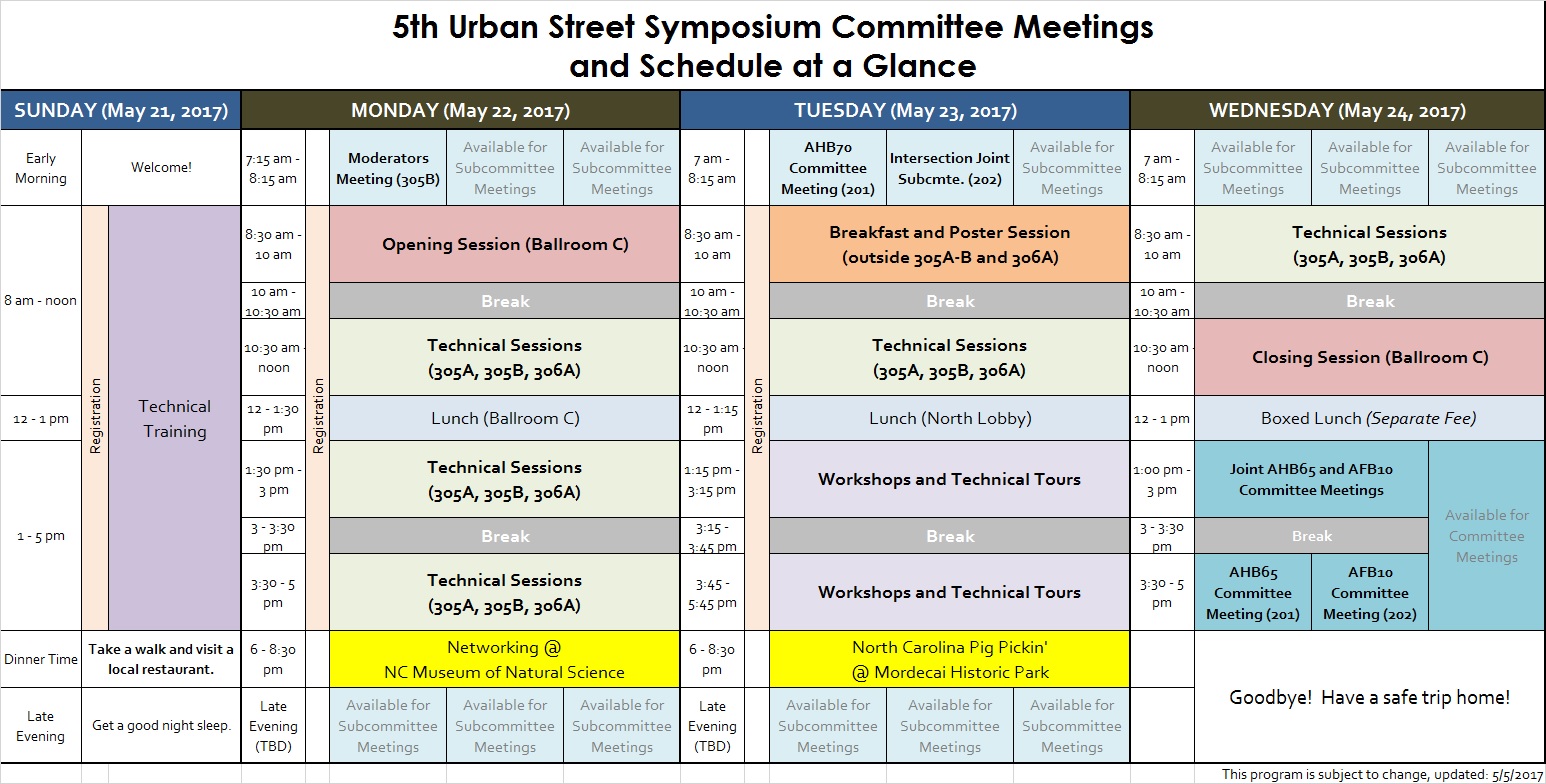 Program of the 5th Urban Street Symposium in a table format for quick access by time period of the day (left column) and day of the week (top row).
